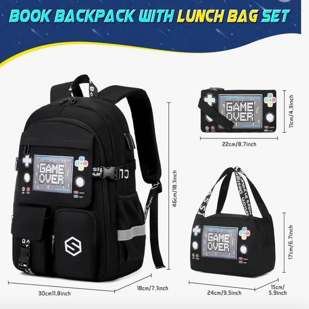 Black Game Over Gamer Kids Backpack and Lunch Bag Set